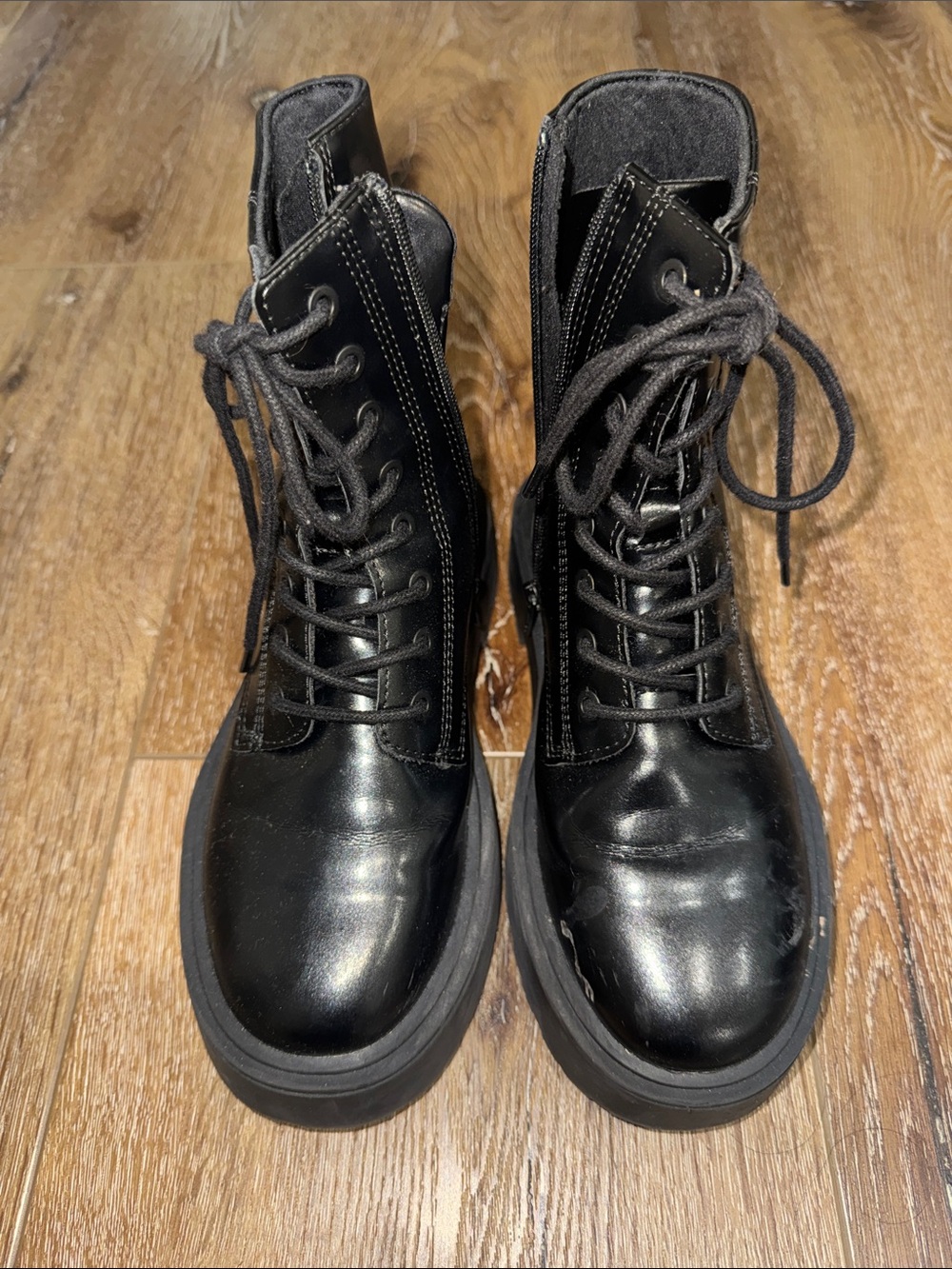 Zara Black Gloss Lace-Up Platform Moto Boots